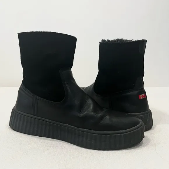 Pajar Shearling Fur Leather Side Zip Platform Winter Ankle Boots Black EU 38 7.5