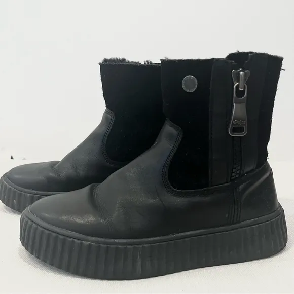 Pajar Shearling Fur Leather Side Zip Platform Winter Ankle Boots Black EU 38 7.5