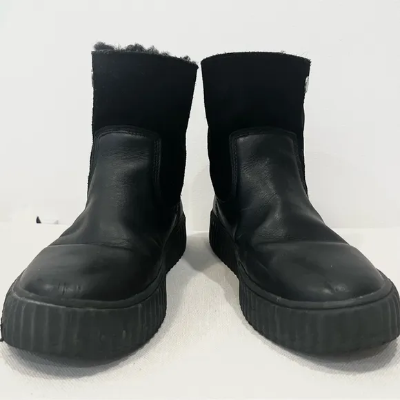 Pajar Shearling Fur Leather Side Zip Platform Winter Ankle Boots Black EU 38 7.5