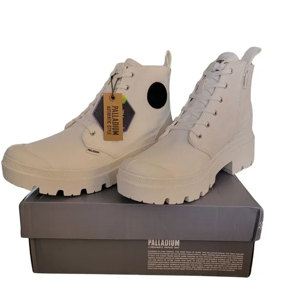 Palladium Boots Platform Canvas Lace Up Side Zip White Womens Size