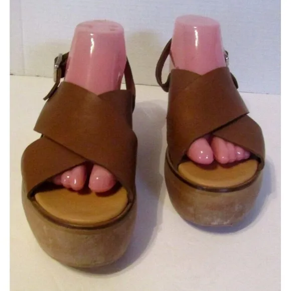Paloma Barcelo Brown Leather Sling Back Chunky Sandals Size EU 40 US 9/9.5