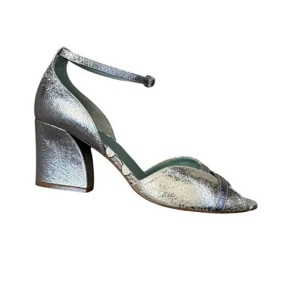 Paola D'Arcano Made in Italy Leather Silver Chunky Heel Open-Toe Sandals Sz 39