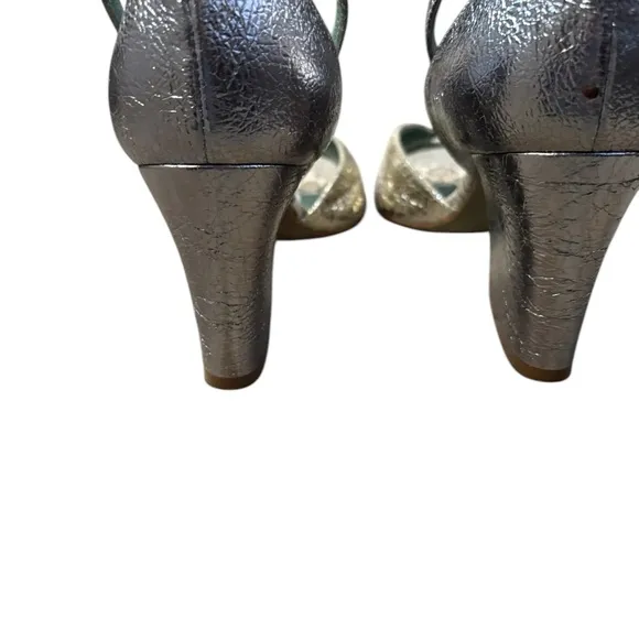 Paola D'Arcano Made in Italy Leather Silver Chunky Heel Open-Toe Sandals Sz 39