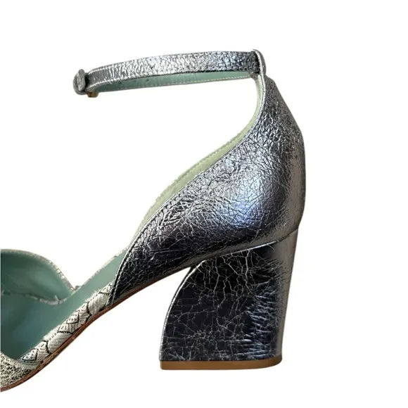 Paola D'Arcano Made in Italy Leather Silver Chunky Heel Open-Toe Sandals Sz 39