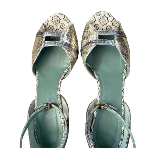 Paola D'Arcano Made in Italy Leather Silver Chunky Heel Open-Toe Sandals Sz 39