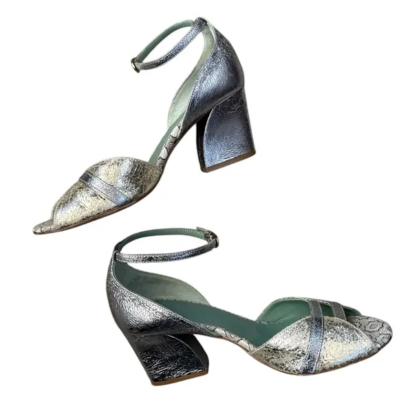 Paola D'Arcano Made in Italy Leather Silver Chunky Heel Open-Toe Sandals Sz 39