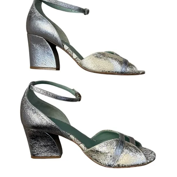 Paola D'Arcano Made in Italy Leather Silver Chunky Heel Open-Toe Sandals Sz 39
