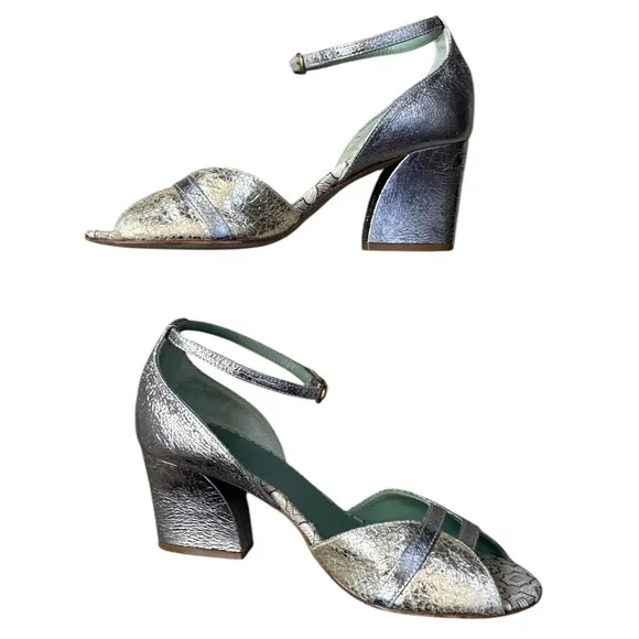 Paola D'Arcano Made in Italy Leather Silver Chunky Heel Open-Toe Sandals Sz 39