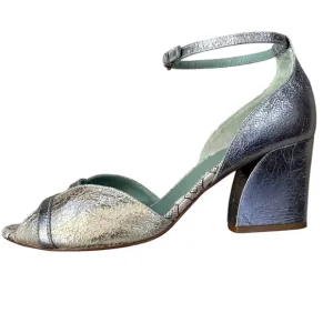 Paola D'Arcano Made in Italy Leather Silver Chunky Heel Open-Toe Sandals Sz 39