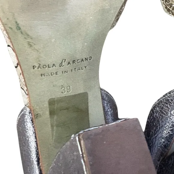 Paola D'Arcano Made in Italy Leather Silver Chunky Heel Open-Toe Sandals Sz 39