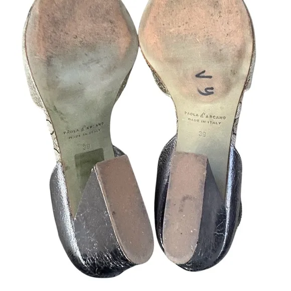 Paola D'Arcano Made in Italy Leather Silver Chunky Heel Open-Toe Sandals Sz 39
