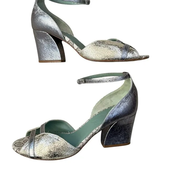 Paola D'Arcano Made in Italy Leather Silver Chunky Heel Open-Toe Sandals Sz 39