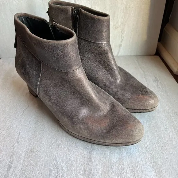 Paul Green Brown Gray Bronze Crackle Leather side Zip Ankle Booties 7.5