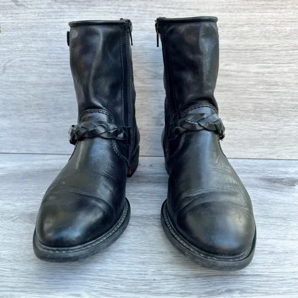 PAUL GREEN “Nathan” Moto Black Leather Braided Strap Zip Biker Ankle Boots US 9