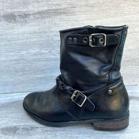 PAUL GREEN “Nathan” Moto Black Leather Braided Strap Zip Biker Ankle Boots US 9