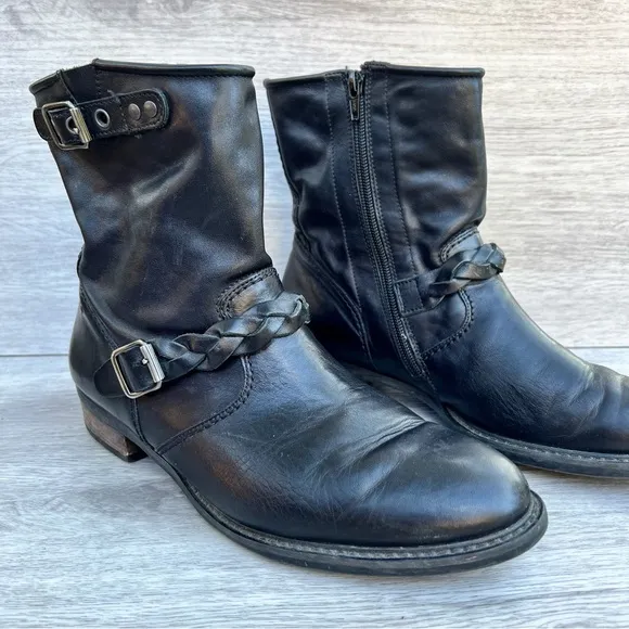 PAUL GREEN “Nathan” Moto Black Leather Braided Strap Zip Biker Ankle Boots US 9