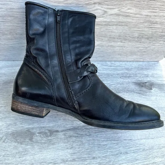 PAUL GREEN “Nathan” Moto Black Leather Braided Strap Zip Biker Ankle Boots US 9