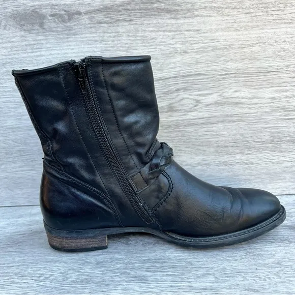 PAUL GREEN “Nathan” Moto Black Leather Braided Strap Zip Biker Ankle Boots US 9