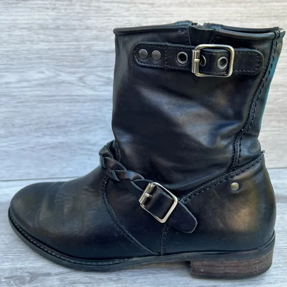 PAUL GREEN “Nathan” Moto Black Leather Braided Strap Zip Biker Ankle Boots US 9