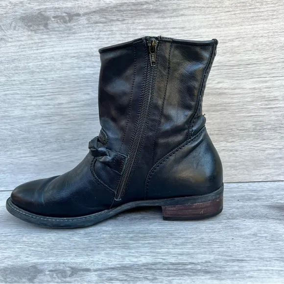 PAUL GREEN “Nathan” Moto Black Leather Braided Strap Zip Biker Ankle Boots US 9