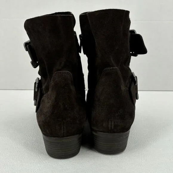 Paul Green Suede Boot Side Zip Double Strap Buckle Leather Bootie Brown Size 7.5