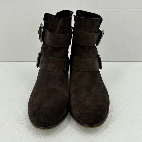 Paul Green Suede Boot Side Zip Double Strap Buckle Leather Bootie Brown Size 7.5