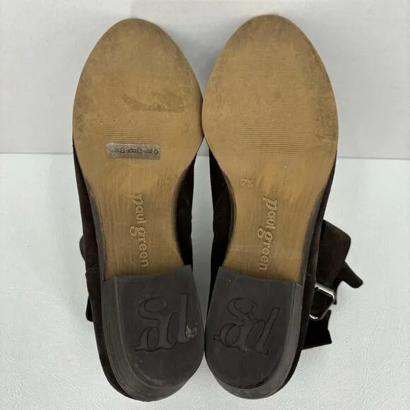 Paul Green Suede Boot Side Zip Double Strap Buckle Leather Bootie Brown Size 7.5