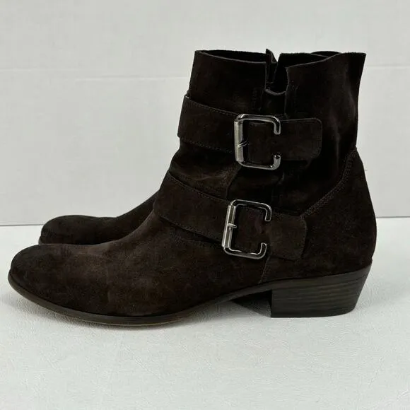 Paul Green Suede Boot Side Zip Double Strap Buckle Leather Bootie Brown Size 7.5