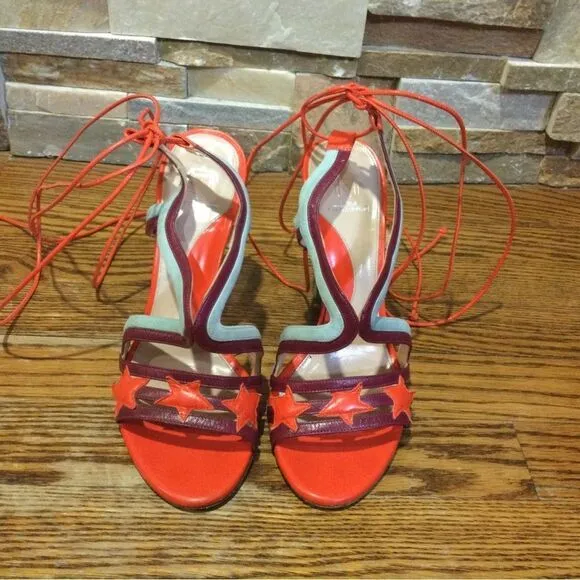 PAULA CADEMARTORI Red &amp; Turquoise Leather and Suede Sandals