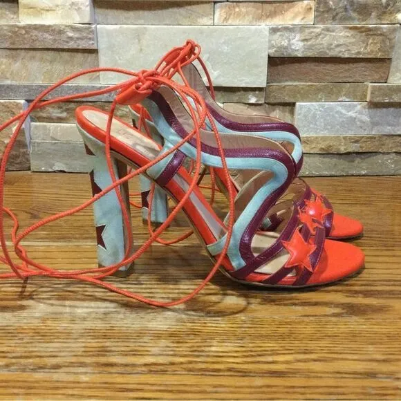PAULA CADEMARTORI Red &amp; Turquoise Leather and Suede Sandals