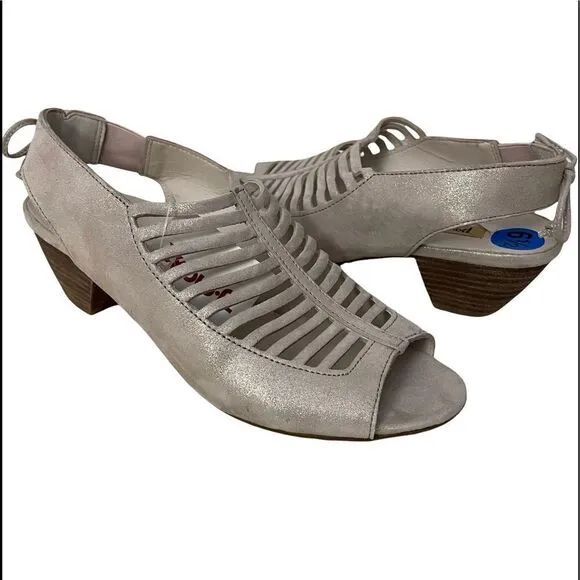 PAUL GREEN Trisha Slingback Caged Low Heel Sandals,metallic leather beige sz 6.5