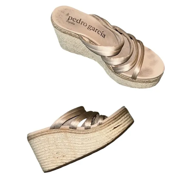 Pedro Garcia Dante Satin Espadrille Platform Wedge Strappy Sandals - 10