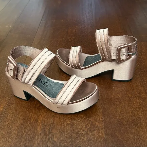 Pedro Garcia Decima Satin Platform Sandals in Metallic Rose, Size US 7/EU 37