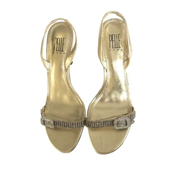 Pelle Moda Rhinestones Gold Metallic Leather Slingback Sandals Women’s 8