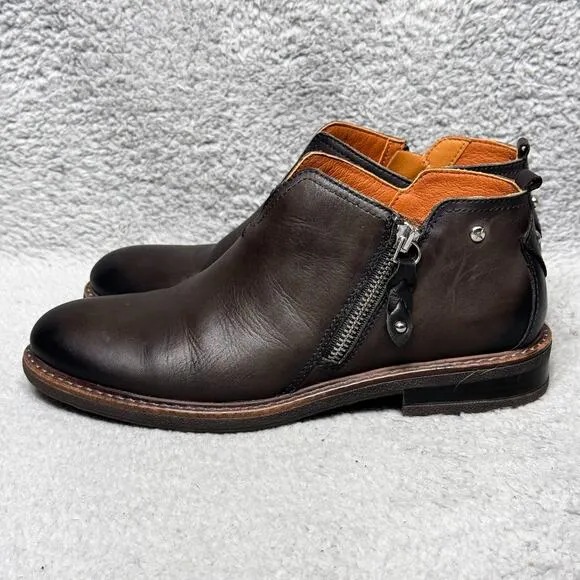 Pikolinos Aldaya Womens Size 38 US 7.5-8 Ankle Boots Lead Brown Leather Side Zip