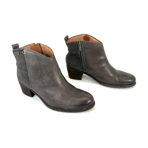 PIKOLINOS Women's EU 39 Leather Gray Side Zip Ankle Mid Block Heel Boots