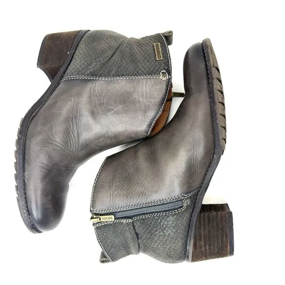 PIKOLINOS Women's EU 39 Leather Gray Side Zip Ankle Mid Block Heel Boots