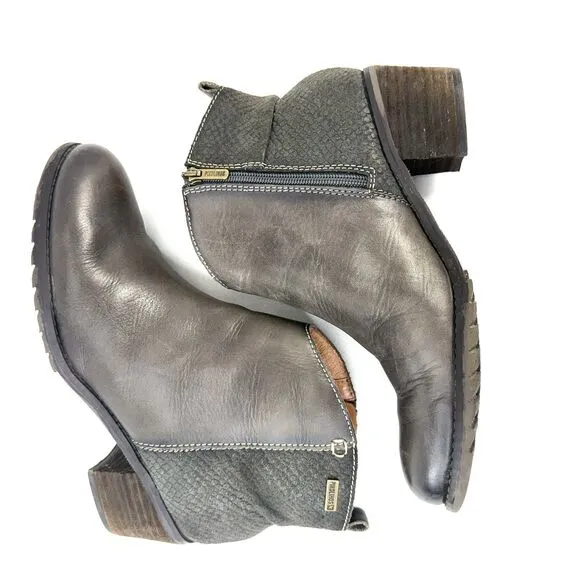PIKOLINOS Women's EU 39 Leather Gray Side Zip Ankle Mid Block Heel Boots
