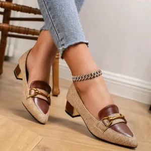 Pointed Toe Chunky Heel Metallic Buckle Mary Jane Oxfords Slip On Work Loafers