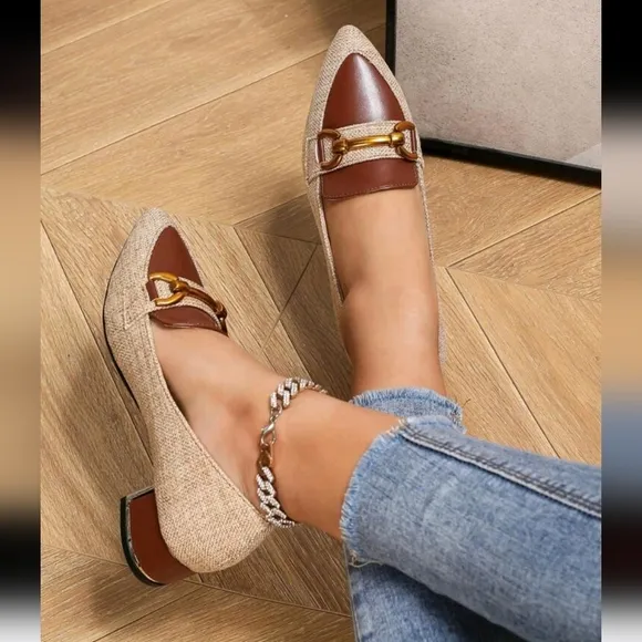 Pointed Toe Chunky Heel Metallic Buckle Mary Jane Oxfords Slip On Work Loafers