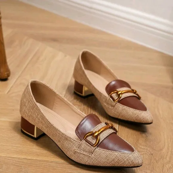 Pointed Toe Chunky Heel Metallic Buckle Mary Jane Oxfords Slip On Work Loafers