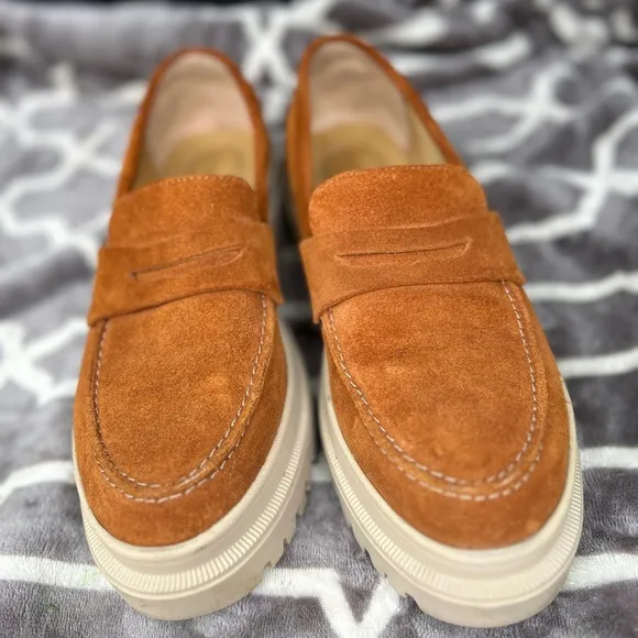 Portland leather Co Patina chunky Zoe Penny loafers in fawn suede size 10.5