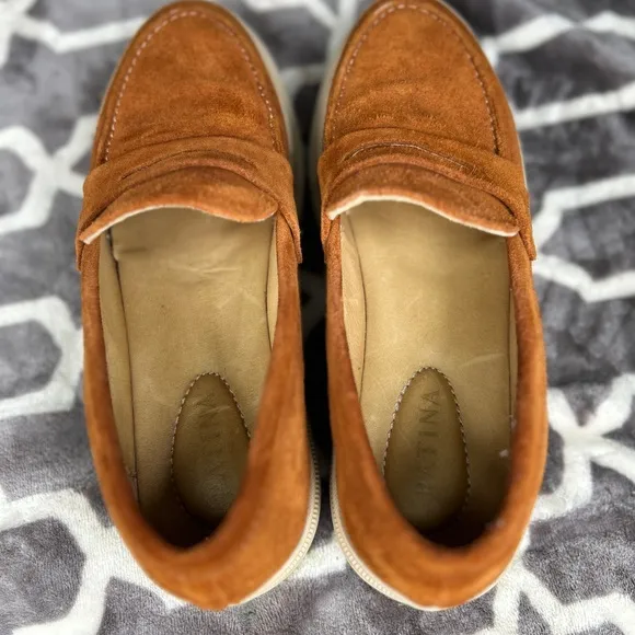 Portland leather Co Patina chunky Zoe Penny loafers in fawn suede size 10.5