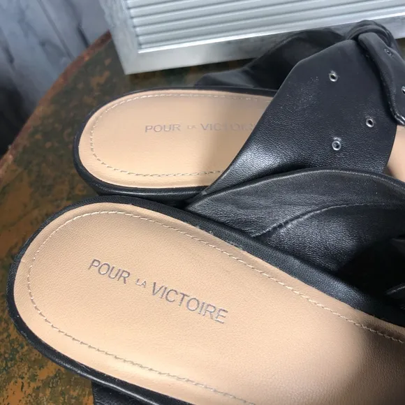 Pour La Victoire Black Leather Mules Sandals Knots