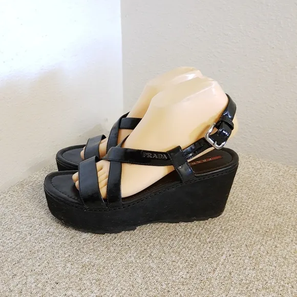 Prada Black Patent Leather Platform Sandals