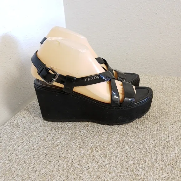 Prada Black Patent Leather Platform Sandals
