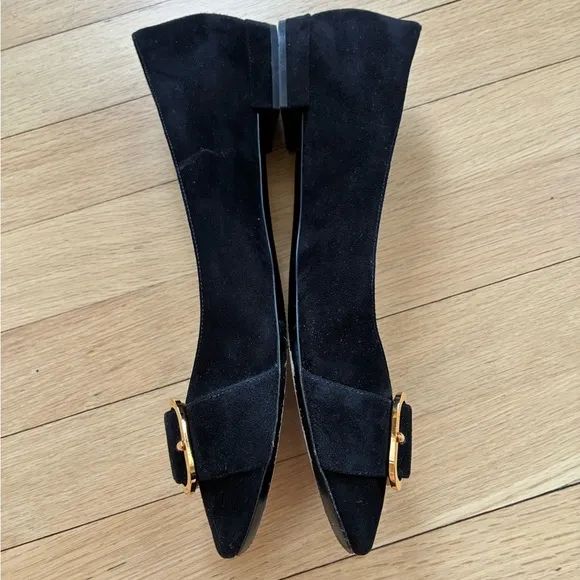 Prada Black Suede Flats with Gold Buckle