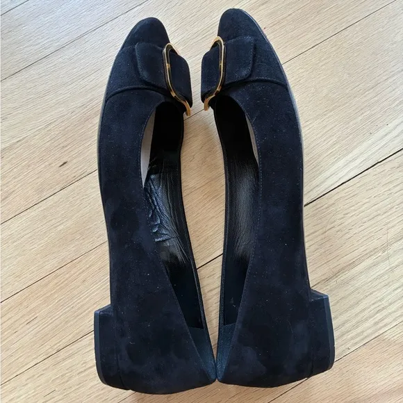 Prada Black Suede Flats with Gold Buckle