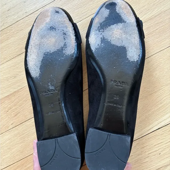 Prada Black Suede Flats with Gold Buckle