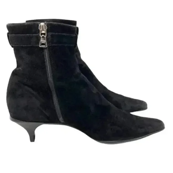 Prada Black Suede Pointed Toe French Kitten Heel Side Zip Ankle Boots Size 8